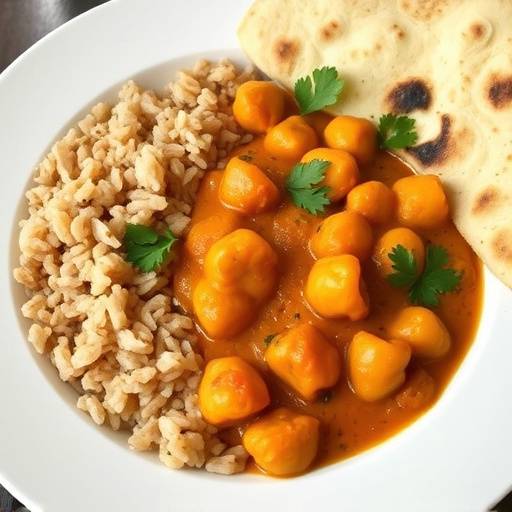 A bowl of chickpea curry served with brown rice and naan bread